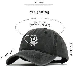 Detailed sizing chart for embroidered washed cotton baseball cap with heart paw design