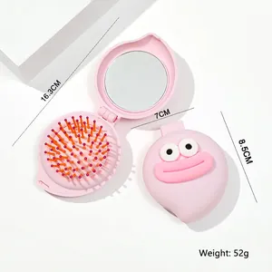 Cute pink peach foldable hair brush with mirror and massage bristles for kids
