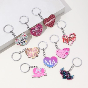 Collection of colorful acrylic heart keychains with Mama and Mother's Day floral patterns