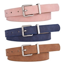 Three minimalist PU leather belts in pink, blue, and brown with silver square buckles