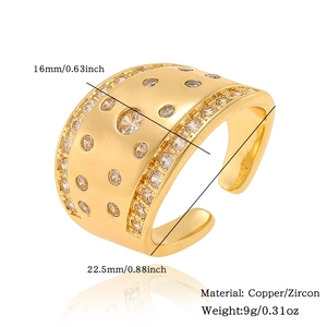 Detailed macro view showing a 16mm gold-plated copper ring with zircon inlay dimensions