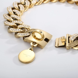 Detail of 18K gold-plated stainless steel dog collar with diamond clasp and round tag