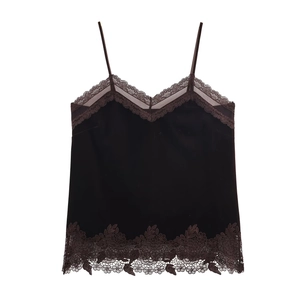 Women Sexy Velvet Camisole With Lace Trim V-Neck Dark Brown Spaghetti Strap Tank Top Party Clubwear Vintage Style Top