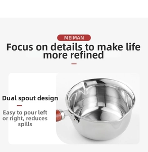 Detail of 150ml stainless steel oil pot with dual pour spouts and wooden handle