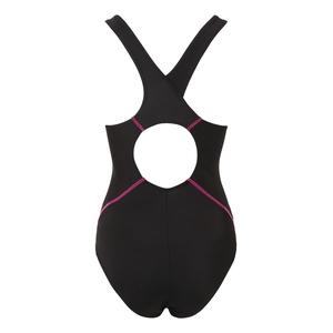 Women's black one-piece athletic swimsuit with X-back cutout and pink contrast stitching