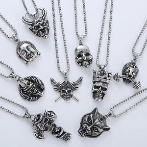 Variety of punk style skull and animal pendant necklaces in polished silver metal