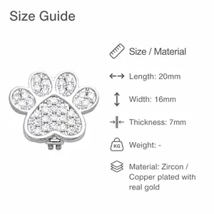 Detailed view of silver paw print pendant with white cubic zirconia measuring 20x16x7mm