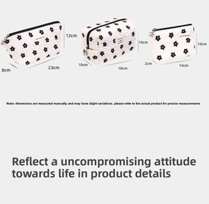Size guide for cosmetic bags showing dimensions of large, medium, and small storage pouches