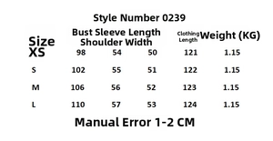 Detailed size chart for long coat showing bust and length measurements in centimeters