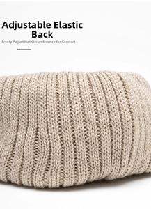 Detail view of beige knit hat featuring adjustable elastic band for a custom fit