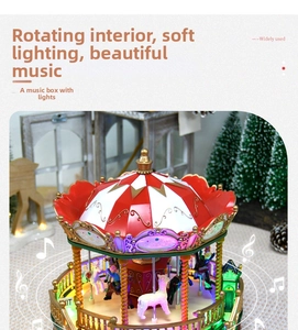 Detail of vintage Christmas carousel music box with LED lights and rotating alpaca figures