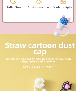 Detailed view of silicone dust caps featuring cactus and daisy patterns for glass straws