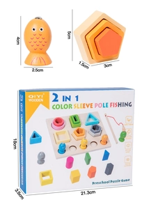 Detailansicht des 2-in-1 Holz-Angel-Puzzles mit Größenangaben und Verpackungsabmessungen