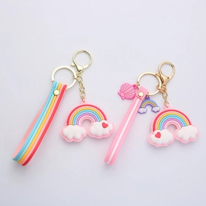 Cute Silicone Rainbow Cloud Heart Keychain With Pink Wristlet Strap Kawaii Bell Shell Bag Charm For Women Girls Gift