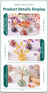 Detailed views of handmade natural crystal money trees in various colorful gemstones