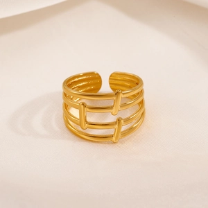Gold plated stainless steel multi-layer hollow line ring with adjustable opening design
