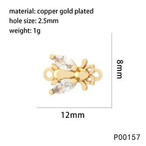 Detailed specs of a 12mm gold plated copper bee charm with white zircon micro-inlay