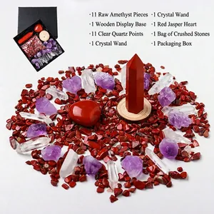 Natural amethyst and white quartz crystal set with red jasper heart and hexagonal pillar