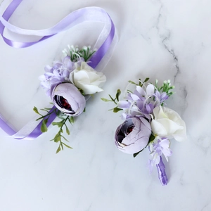 Purple White Satin Rose Artificial Flower Wedding Boutonniere And Wrist Corsage For Groom Bride Bridesmaid Groomsmen Party