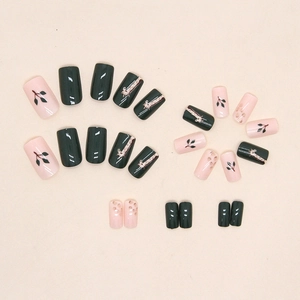 Cute giraffe pattern and dark green medium square press-on nails with leaf art designs