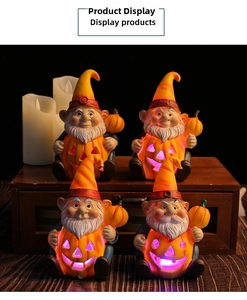 Detailed view of four glowing Halloween gnomes inside pumpkins with LED light on wood
