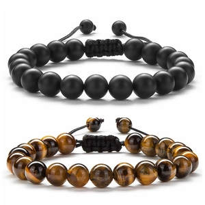 Natural Stone Tiger Eye Lava Rock Beaded Bracelet Adjustable Braided Rope Energy Healing Jewelry For Women Men