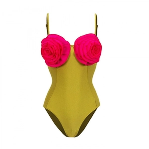 Maillot de bain une pièce vert olive avec roses 3D magenta et fines bretelles réglables