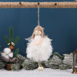 White plush Christmas tree angel ornament with silver wings and wooden bead details