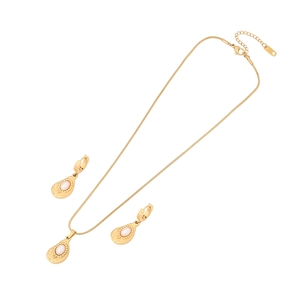 Elegant gold-tone jewelry set featuring water drop necklace and pearl earrings on white background