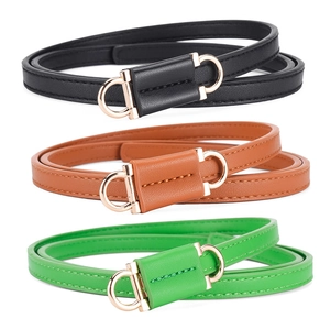 Fashionable slim PU leather belts for women in black, brown, and green with gold buckles