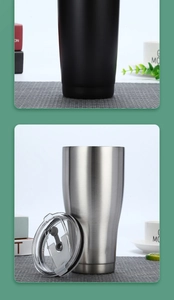 Detail of clear spill-proof lid and vacuum insulated double-wall stainless steel tumbler