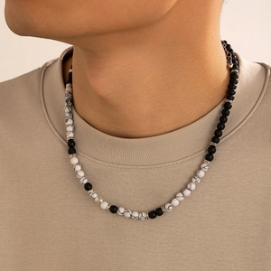 Collana hip-hop uomo con perle di pietra lavica nera e pietre turchesi bianche