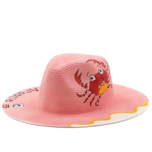 Detail of pink straw fedora with crab embroidery, Apostle print and wave edge pattern