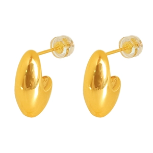 Polished 18K gold-plated minimalist C-shaped stud earrings for women on white background