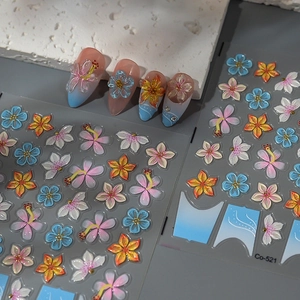3D floral nail art stickers with embossed 3D ice flowers and gold core detail
