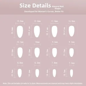 Size chart for almond-shaped press-on nails showing width and length in millimeters