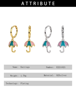 Detailed view of S925 silver umbrella earrings with pink and green enamel coating