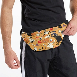 Halloween waist bag with cartoon ghost pumpkin pattern worn by model outdoors