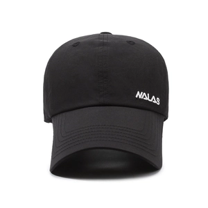 Classic black baseball cap with white NALAS side embroidery and curved brim in plain style