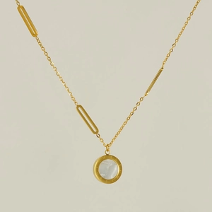 Gold stainless steel necklace with asymmetric roman numeral and shell inlay pendant