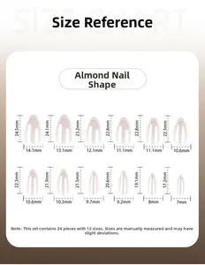 Detailed size chart for almond shape press-on nails with 12 specific measurements