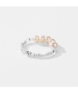 Detail of S925 silver beaded ring featuring natural freshwater pearls and metal cubes