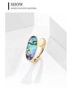 Detailed view of an oval abalone shell inlay on a minimalist golden S925 silver ring