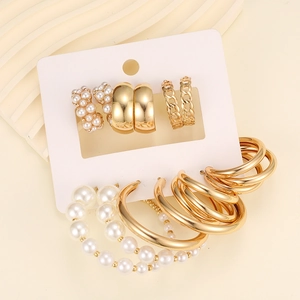 Lot de 6 boucles d'oreilles vintage en perles et métal doré pour femme élégante