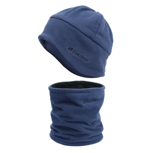 Detailed view of navy blue fleece hat and neck warmer set with embroidered logo