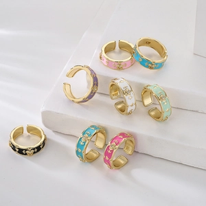 Vintage Crown Heart Enamel Open Ring Copper 18K Gold Plated Zircon Adjustable Finger Jewelry For Women Retro Style