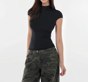 Close-up of black mock neck short sleeve slim fit tee with stretchy ribbed texture