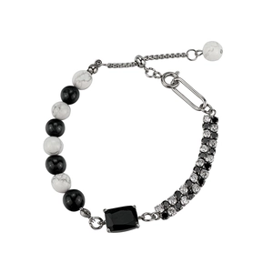 Hip Hop Natural Stone Bracelet Titanium Steel Rectangular Black Gemstone Rhinestone Adjustable Jewelry For Men Women