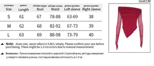 Size chart for the elegant off-shoulder mesh sleeve top with detailed measurements in CM