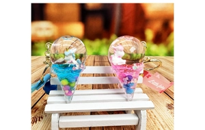 Detail of pink and blue unicorn ice cream liquid keychains on a mini white bench